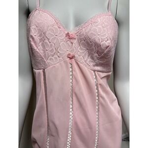 Vtg Slip Dress 38 60s 70s Lingerie Pink Made In England Nylon Lace Glam Barbie